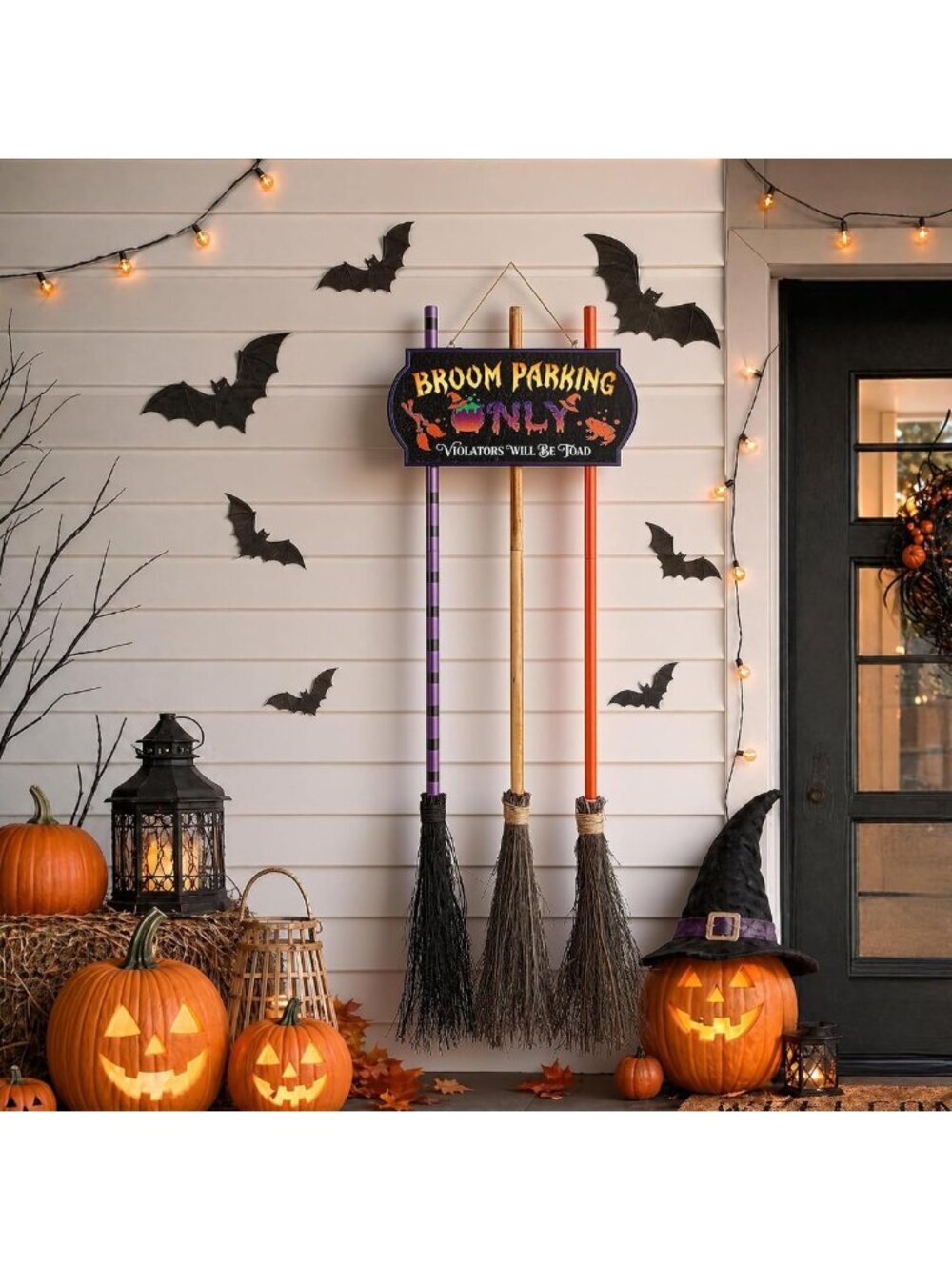 Light-Up Halloween Broom Parking Sign with 3 Witch Brooms - Funny Indoor/Outdoor